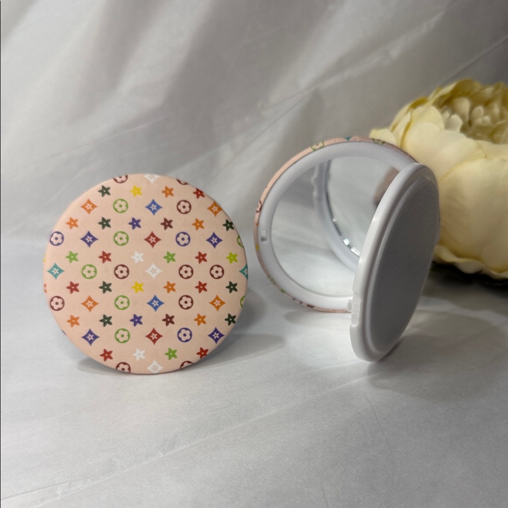 Round Pink Compact Mirror with Multicolor Monogram Print